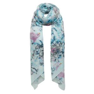 Blue Floral Bird Print Chiffon Scarf – Sheer Lightweight Wrap Shawl 62 x 19 Wome